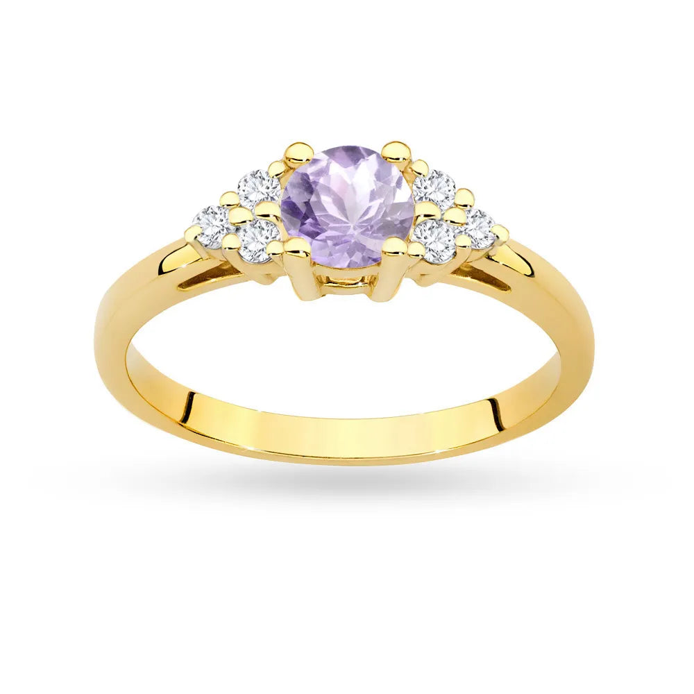 Prsteň zo žltého zlata 14k(585) s ametystom 0,50 ct a 6 diamantmi. Perfektný ako darček.