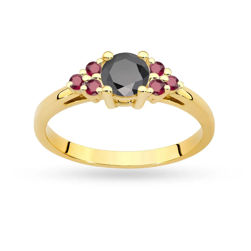 Gold 14k(585) ring with 0,50ct black diamond with 6 rubies. Perfect for a gift.