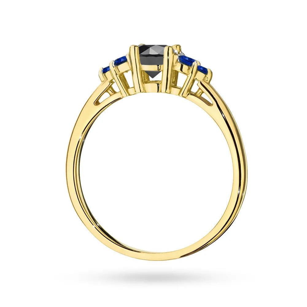 Ring aus 14-karätigem (585) Gold mit 0,50 ct schwarzem Diamant und 6 Saphiren. Perfekt als Geschenk.