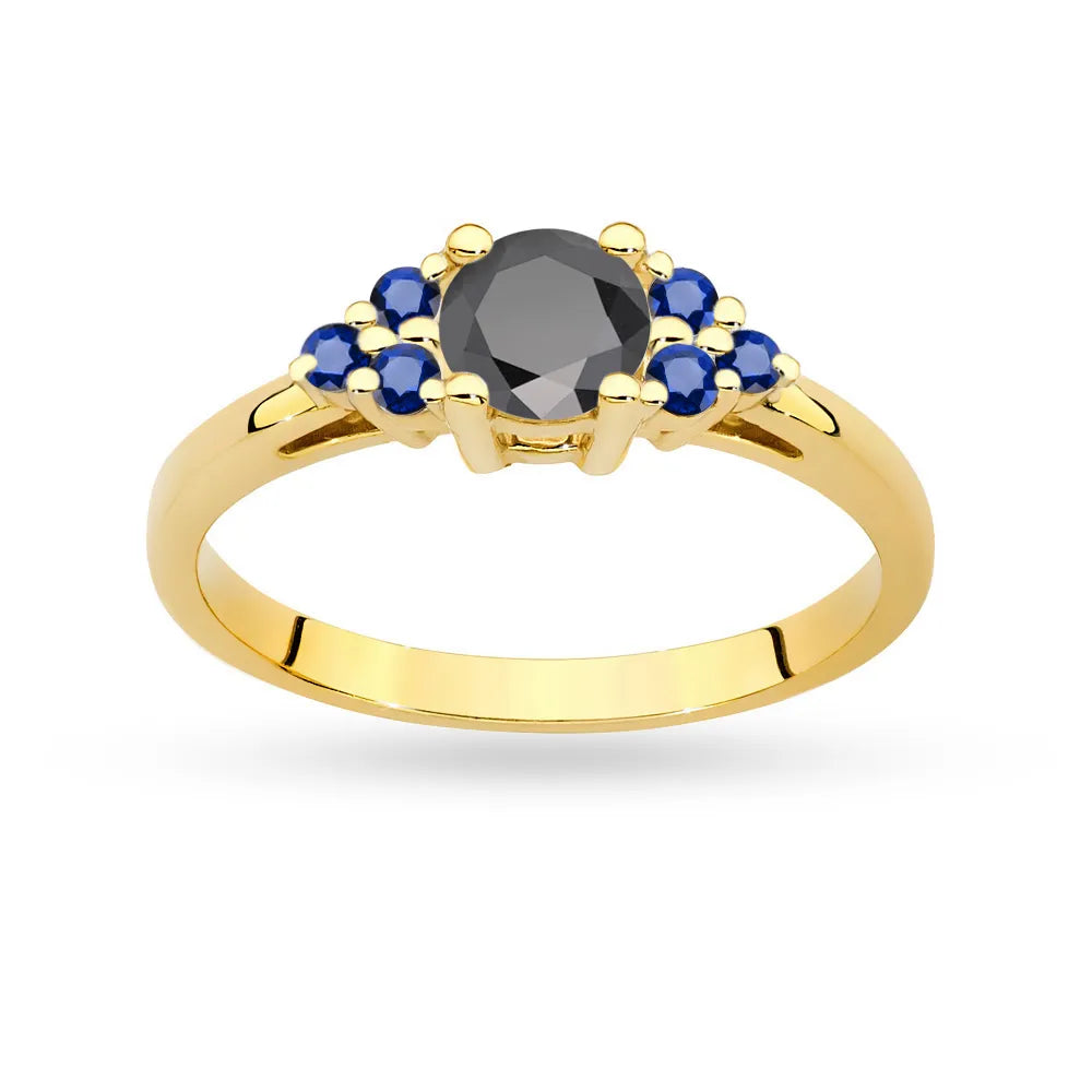 Ring aus 14-karätigem (585) Gold mit 0,50 ct schwarzem Diamant und 6 Saphiren. Perfekt als Geschenk.
