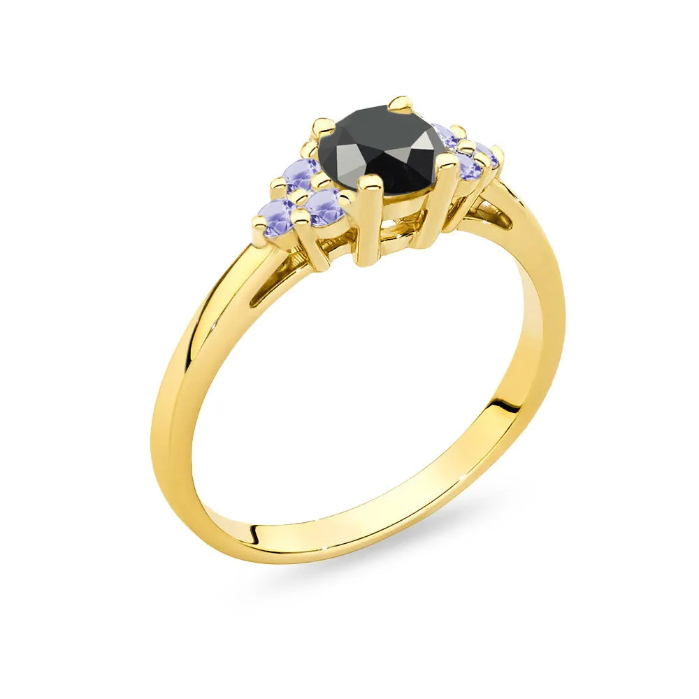 Gold 14k(585) ring with 0,50ct black diamond with 6 tanzanites. Perfect for a gift.