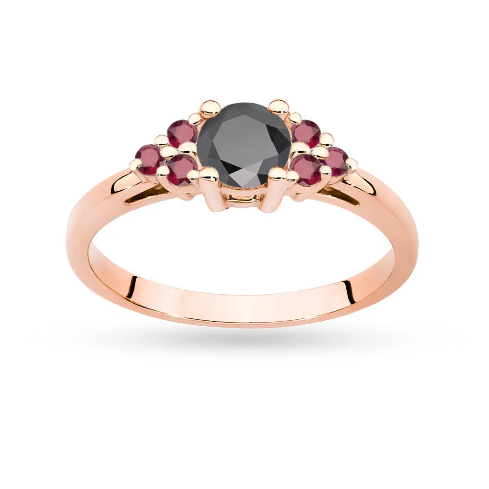 Rose Gold 14k(585) ring with 0,50ct black diamond with 6 rubies. Perfect for a gift.