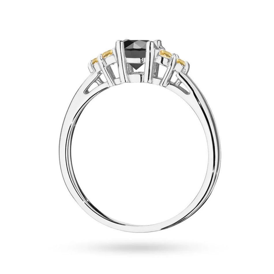 Bague en or blanc 14 carats (585) avec un diamant noir de 0,50 ct et 6 diamants en bronze. Parfaite pour un cadeau.