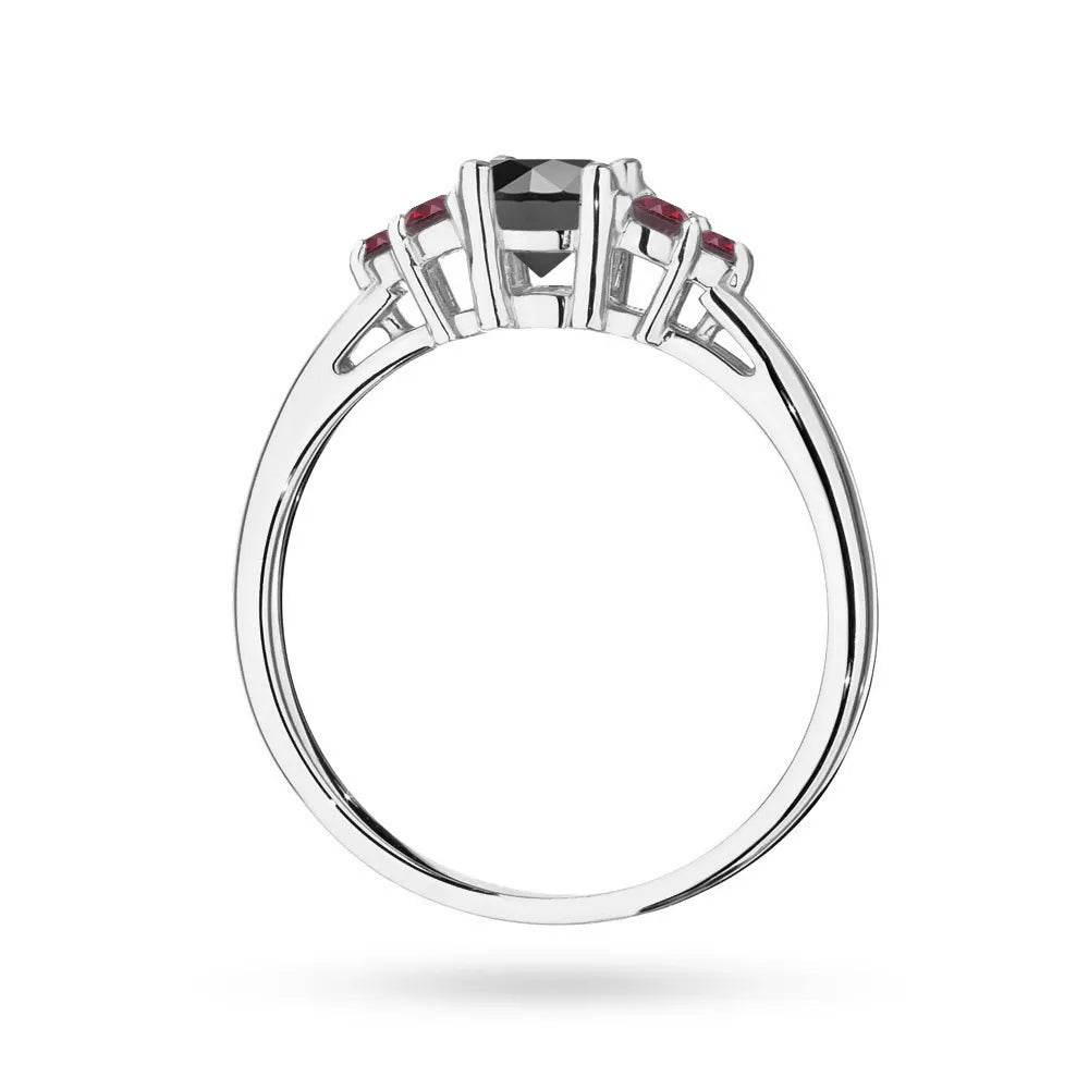 White Gold 14k(585) ring with 0,50ct black diamond with 6 rubies. Perfect for a gift.