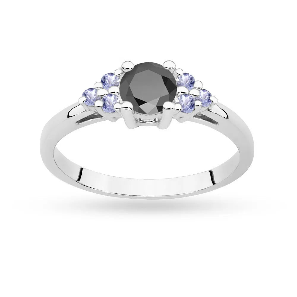 Prsten z bílého zlata 14k(585) s černým diamantem 0,50 ct a šesti tanzanity. Ideální jako dárek.