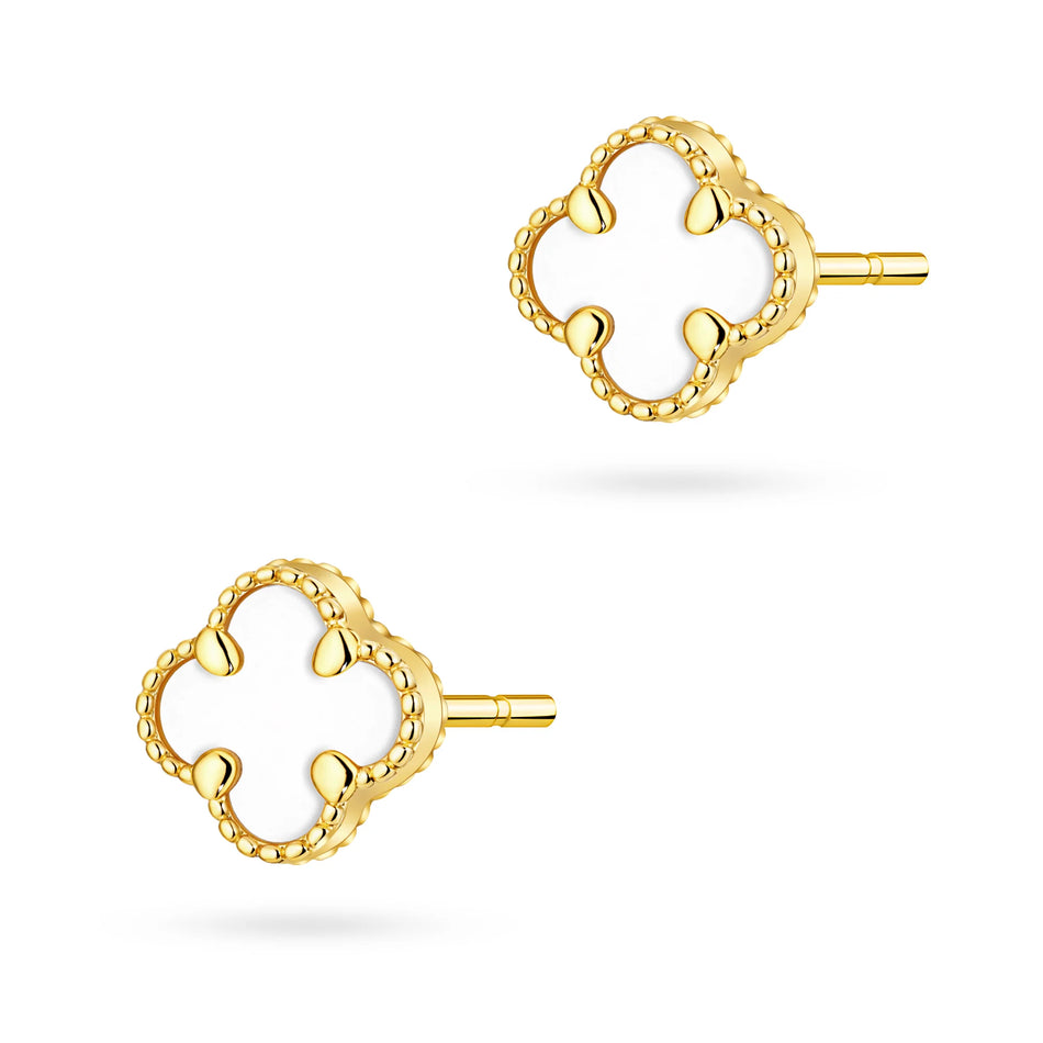 14k (585) Gold Earrings | White lucky clover stud gold earrings | GREMARI Jewelry
