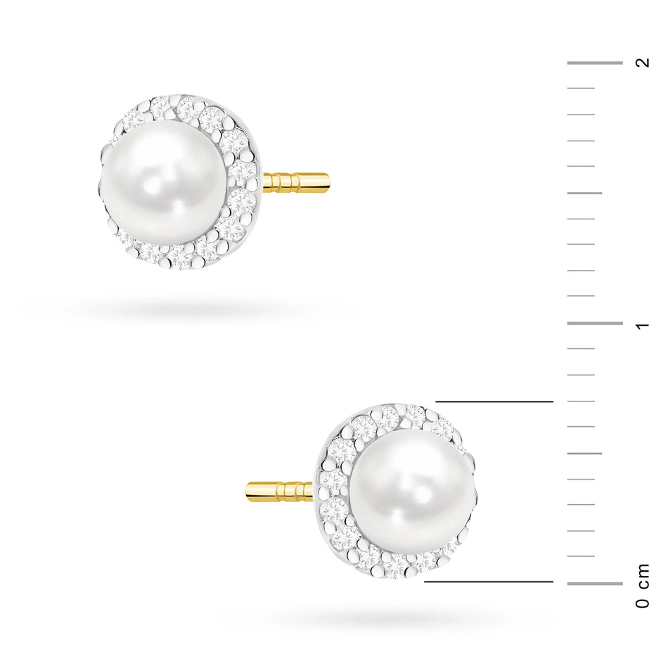 14k (585) Two-color Gold Stud Earrings | Cultured Pearl and Zirconia | GREMARI Jewelry
