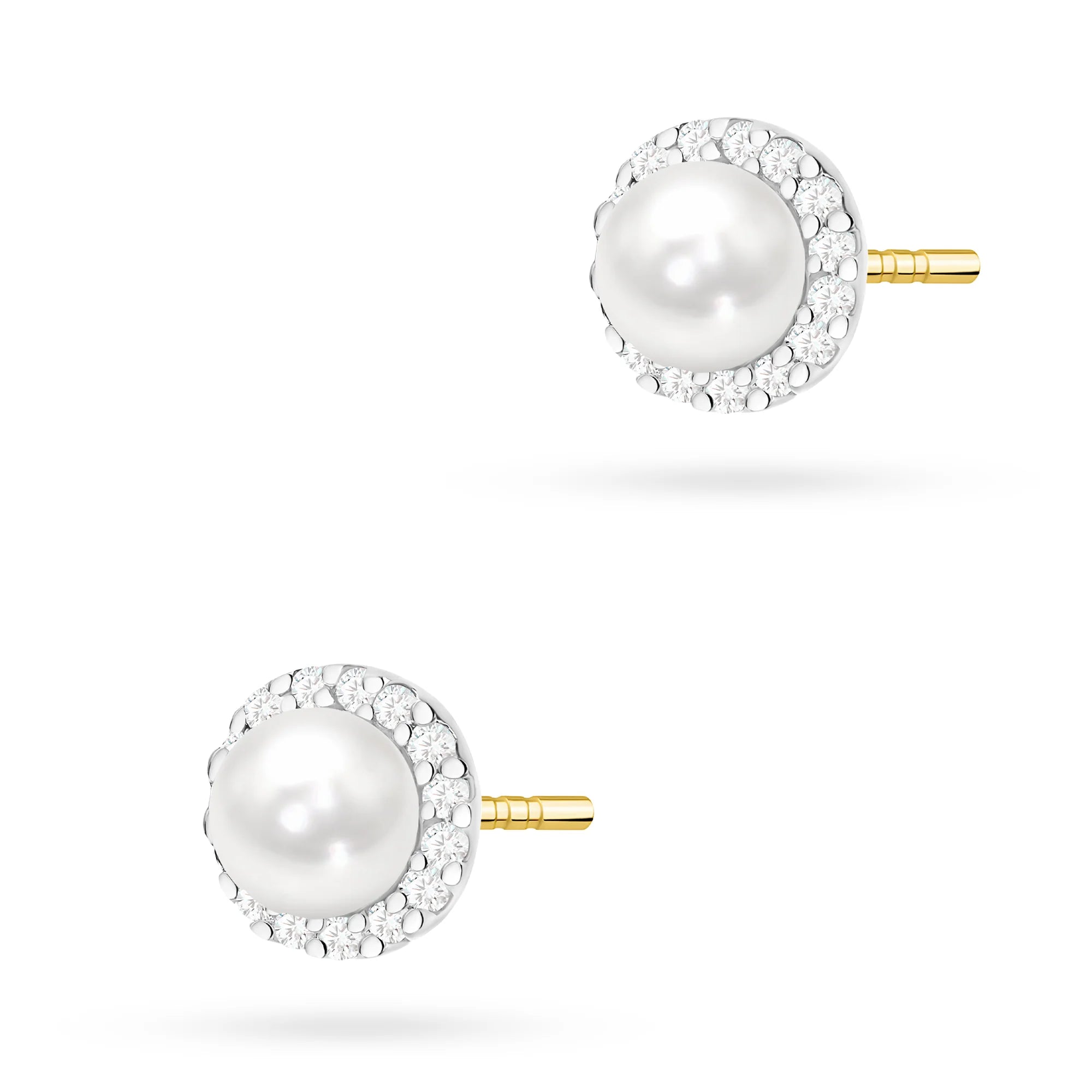 14k (585) Two-color Gold Stud Earrings | Cultured Pearl and Zirconia | GREMARI Jewelry
