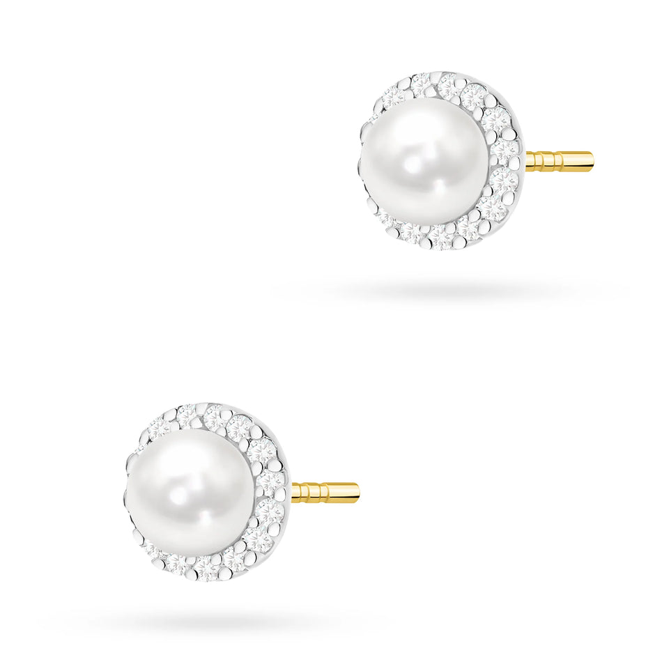 14k (585) Two-color Gold Stud Earrings | Cultured Pearl and Zirconia | GREMARI Jewelry
