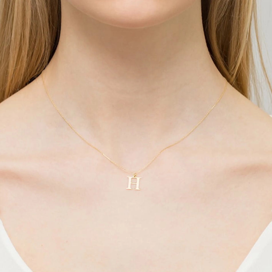 Yellow Gold Delicate Necklace Letter H Pendant with Diamond