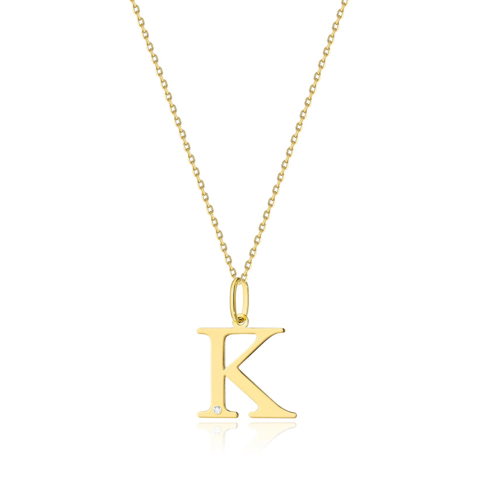 Yellow Gold Delicate Necklace Letter K Pendant with Diamond