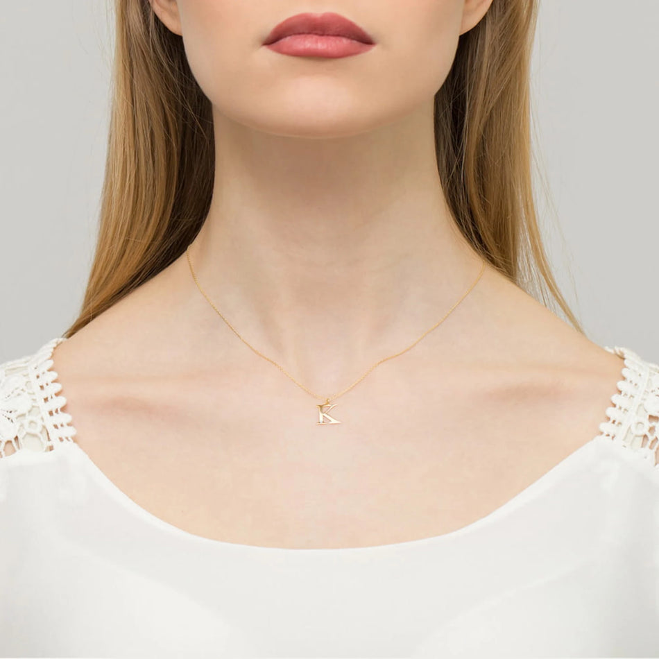 Yellow Gold Delicate Necklace Letter K Pendant with Diamond
