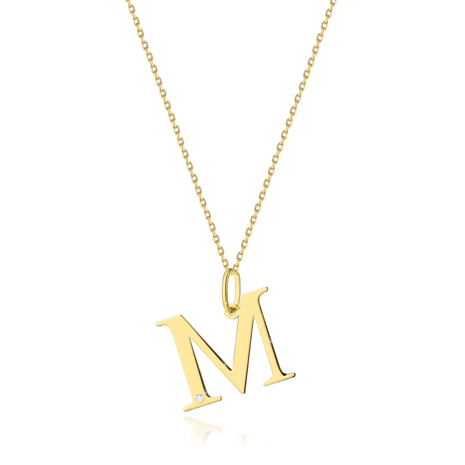 Yellow Gold Delicate Necklace Letter M Pendant with Diamond