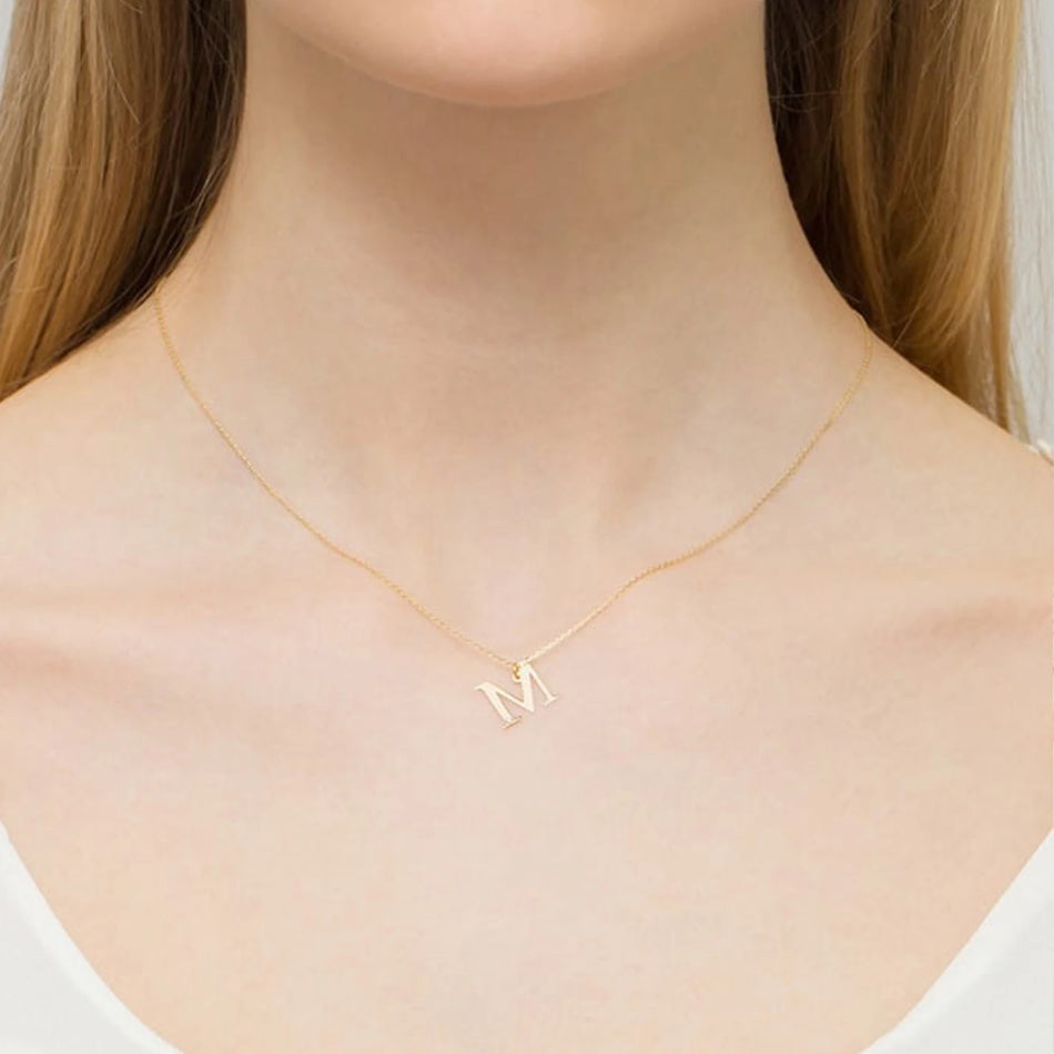 Yellow Gold Delicate Necklace Letter M Pendant with Diamond