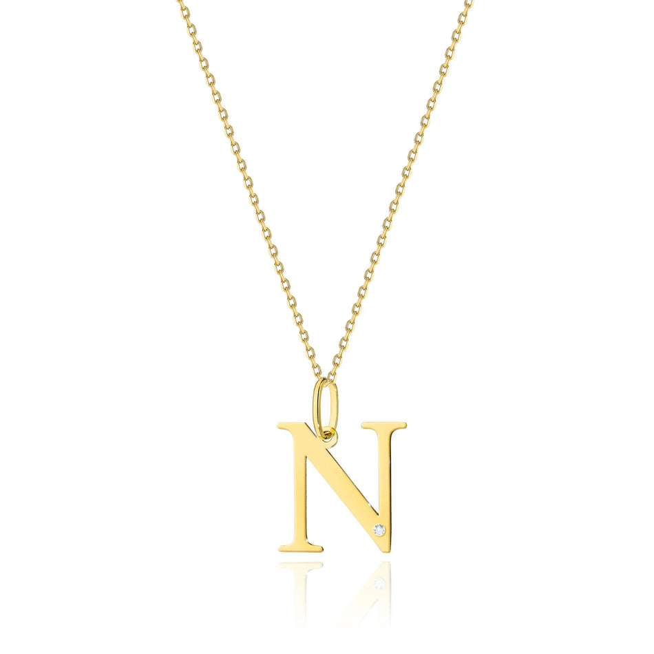 Yellow Gold Delicate Necklace Letter N Pendant with Diamond