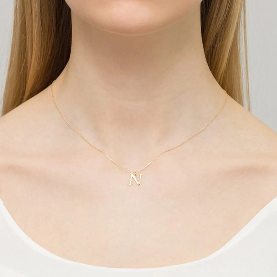 Yellow Gold Delicate Necklace Letter N Pendant with Diamond