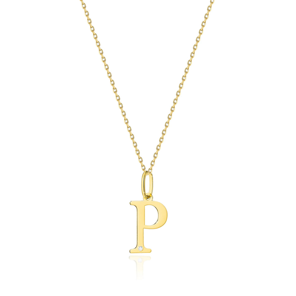 Yellow Gold Delicate Necklace Letter P Pendant with Diamond