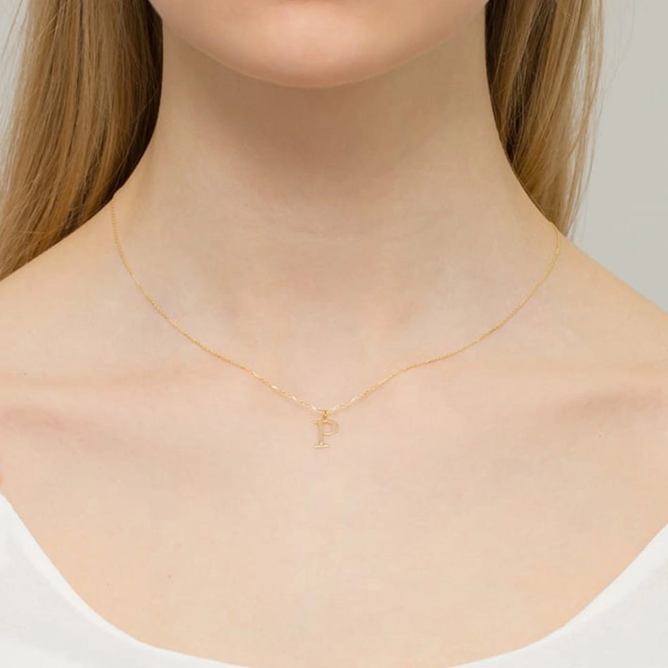 Yellow Gold Delicate Necklace Letter P Pendant with Diamond
