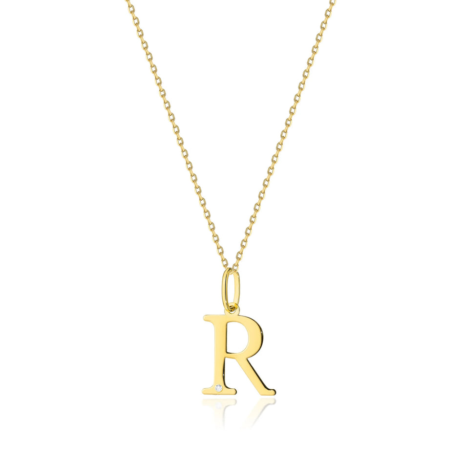 Yellow Gold Delicate Necklace Letter R Pendant with Diamond