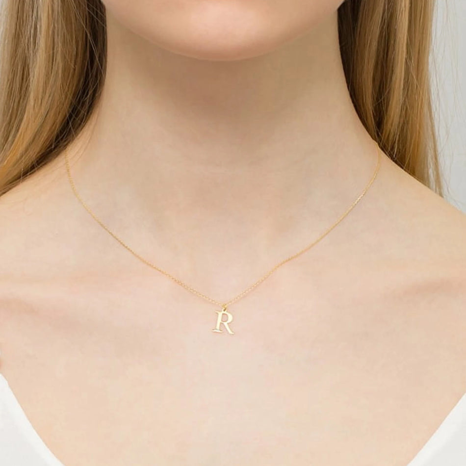 Yellow Gold Delicate Necklace Letter R Pendant with Diamond