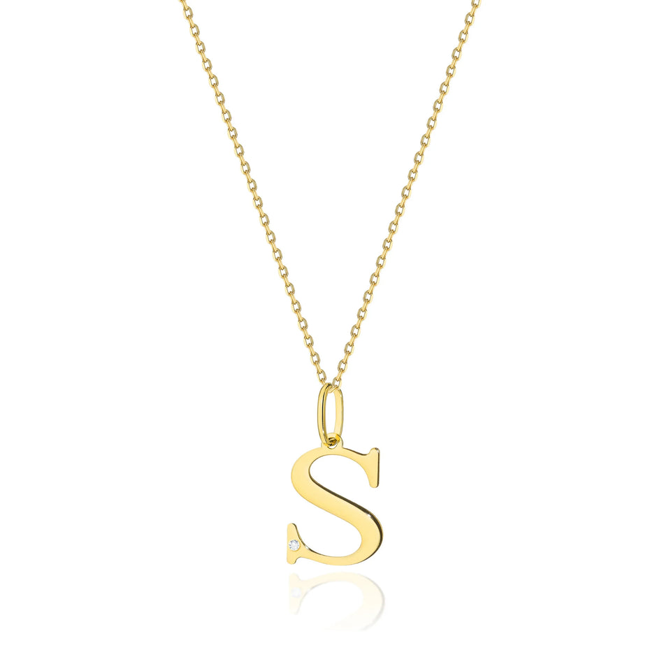 Yellow Gold Delicate Necklace Letter S Pendant with Diamond