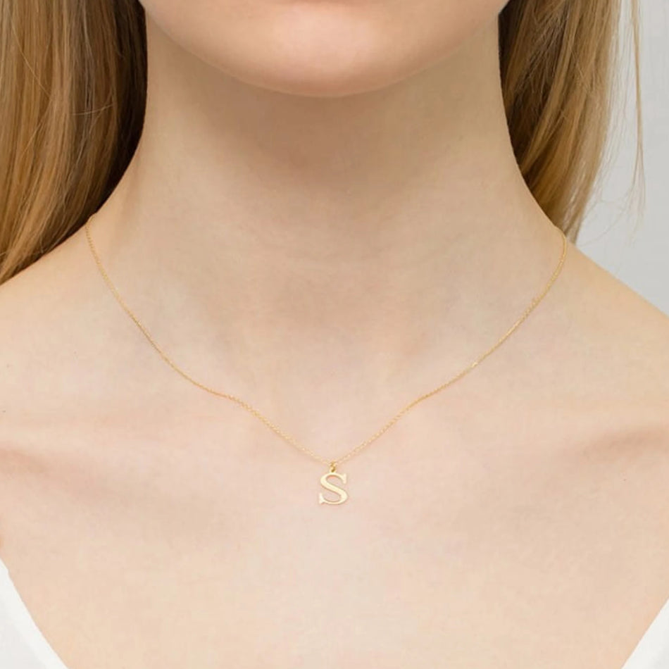 Yellow Gold Delicate Necklace Letter S Pendant with Diamond