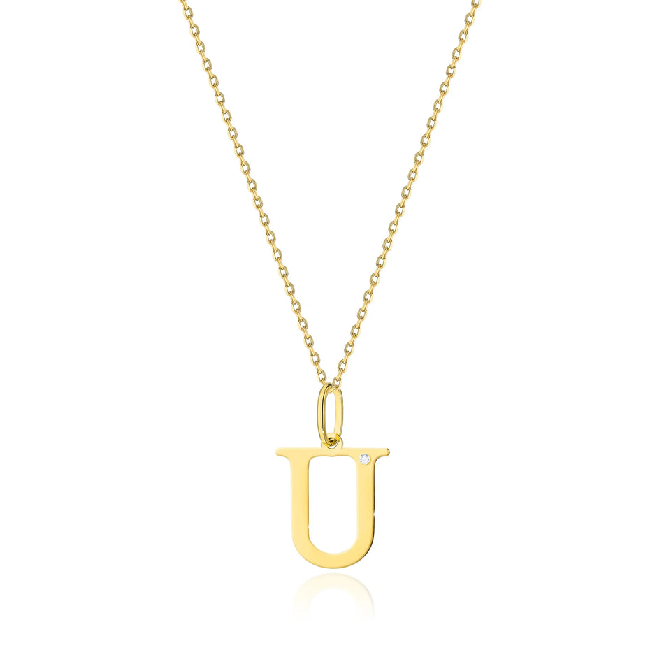 Yellow Gold Delicate Necklace Letter U Pendant with Diamond