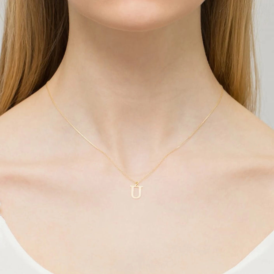 Yellow Gold Delicate Necklace Letter U Pendant with Diamond