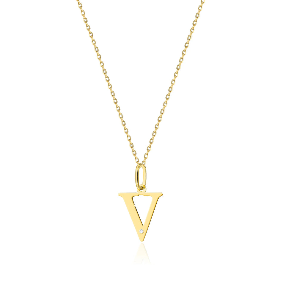 Yellow Gold Delicate Necklace Letter V Pendant with Diamond