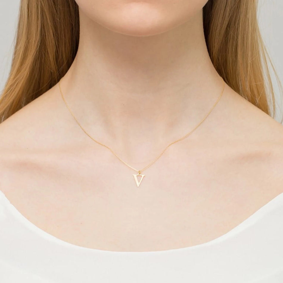 Yellow Gold Delicate Necklace Letter V Pendant with Diamond