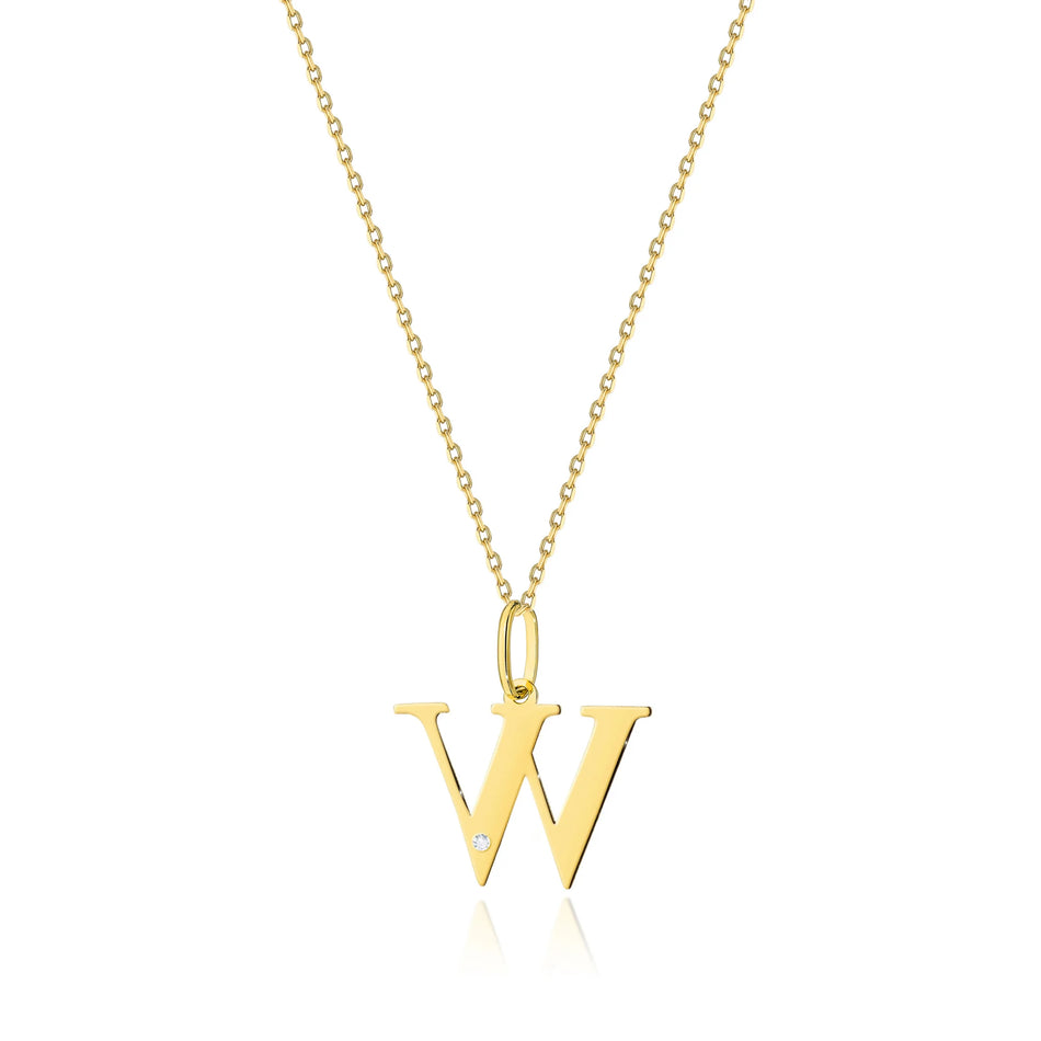 Yellow Gold Delicate Necklace Letter W Pendant with Diamond