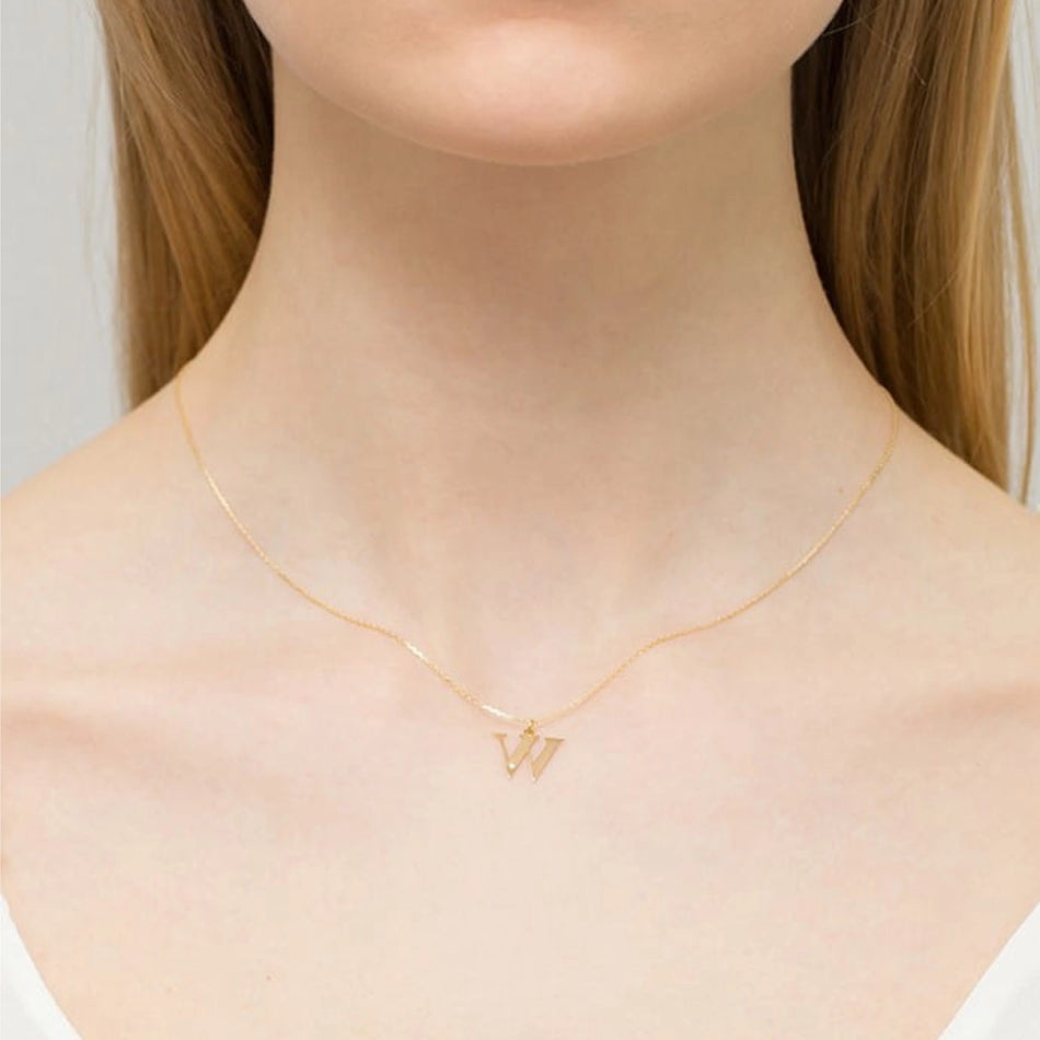 Yellow Gold Delicate Necklace Letter W Pendant with Diamond