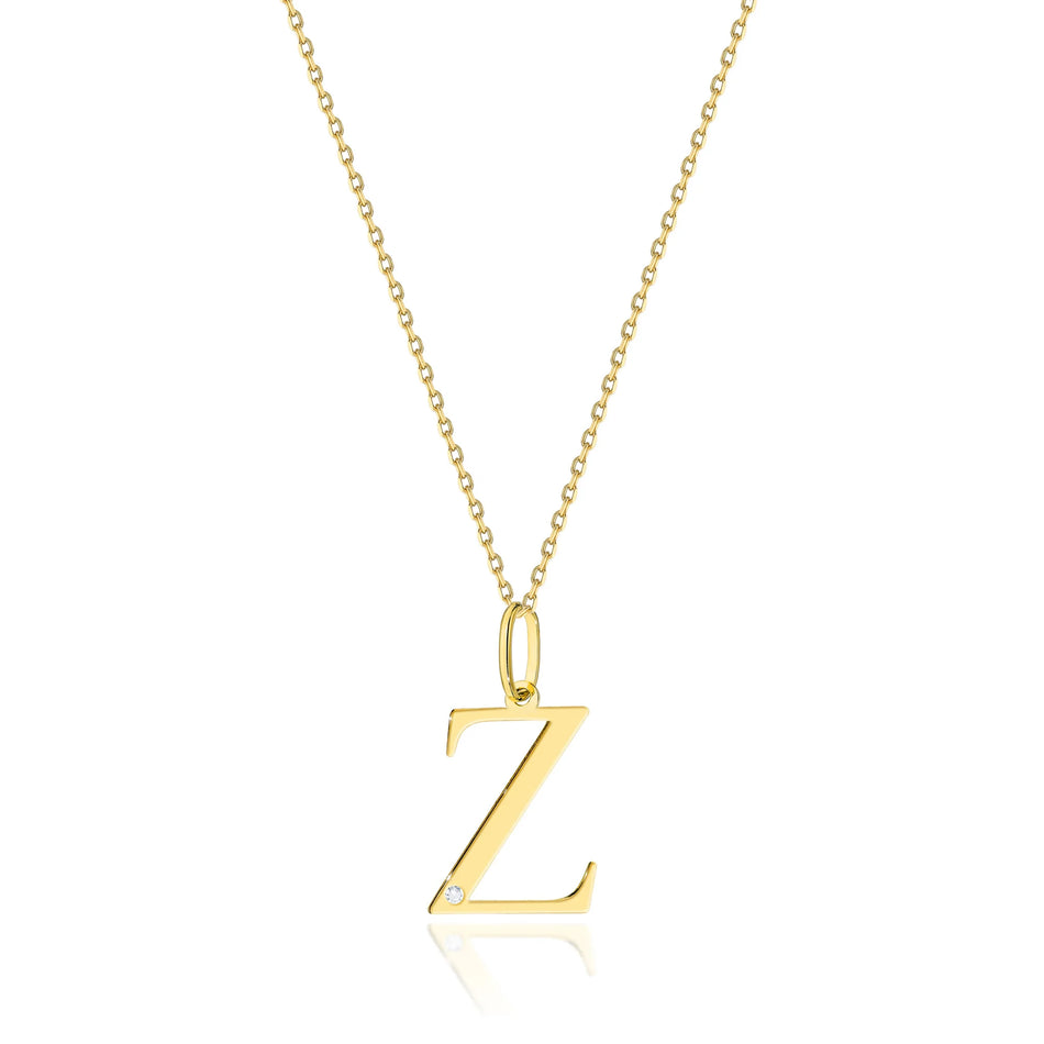 Yellow Gold Delicate Necklace Letter Z Pendant with Diamond
