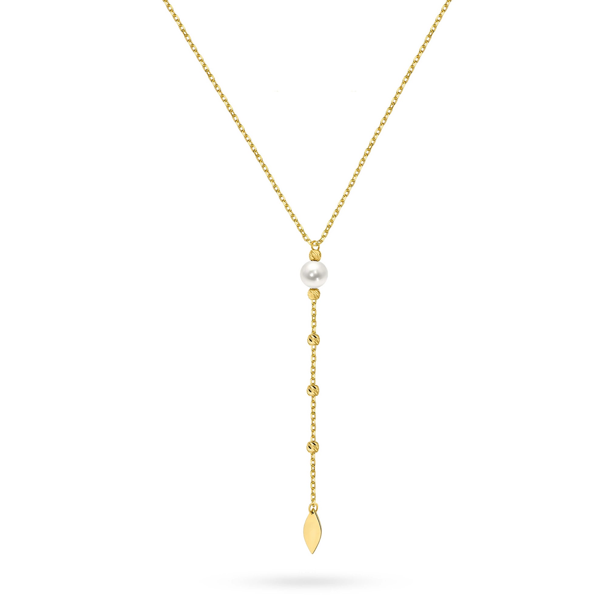 Gold 14k(585) wide necklace with pearl beads in vintage style. Order a gift for mother, girlfriend or fiancee.