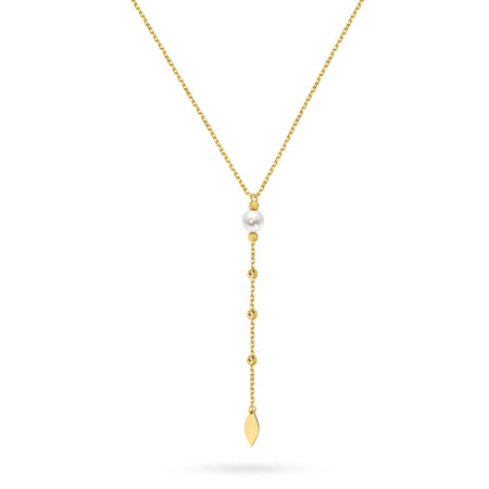 Gold 14k(585) wide necklace with pearl beads in vintage style. Order a gift for mother, girlfriend or fiancee.