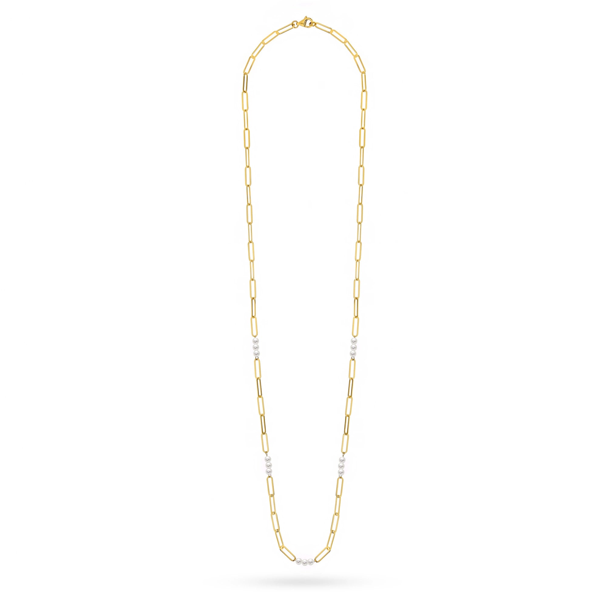 Gold 14k(585) wide necklace with pearl beads in vintage style. Order a gift for mother, girlfriend or fiancee.