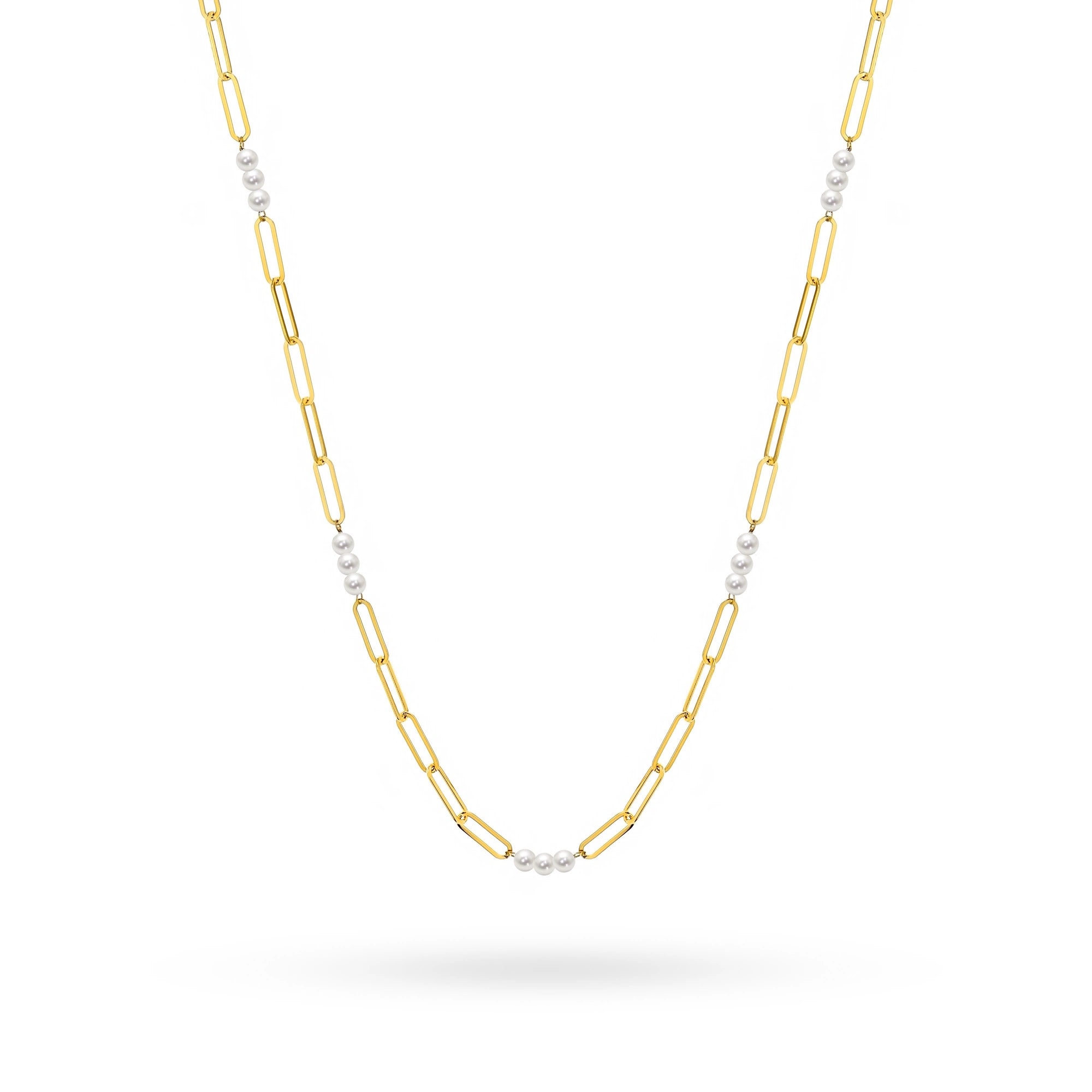 Gold 14k(585) wide necklace with pearl beads in vintage style. Order a gift for mother, girlfriend or fiancee.