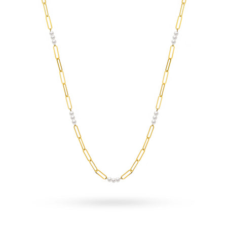 Gold 14k(585) wide necklace with pearl beads in vintage style. Order a gift for mother, girlfriend or fiancee.