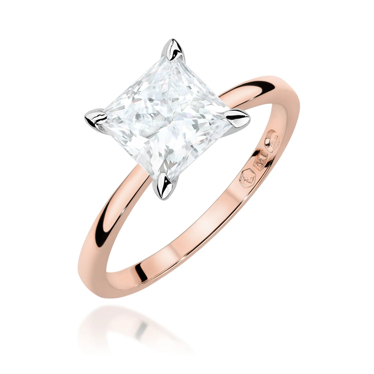 Rose Gold 14k(585) ring with 2ct lab diamond.  Is packaged in an elegant box, which is perfect for a gift. 