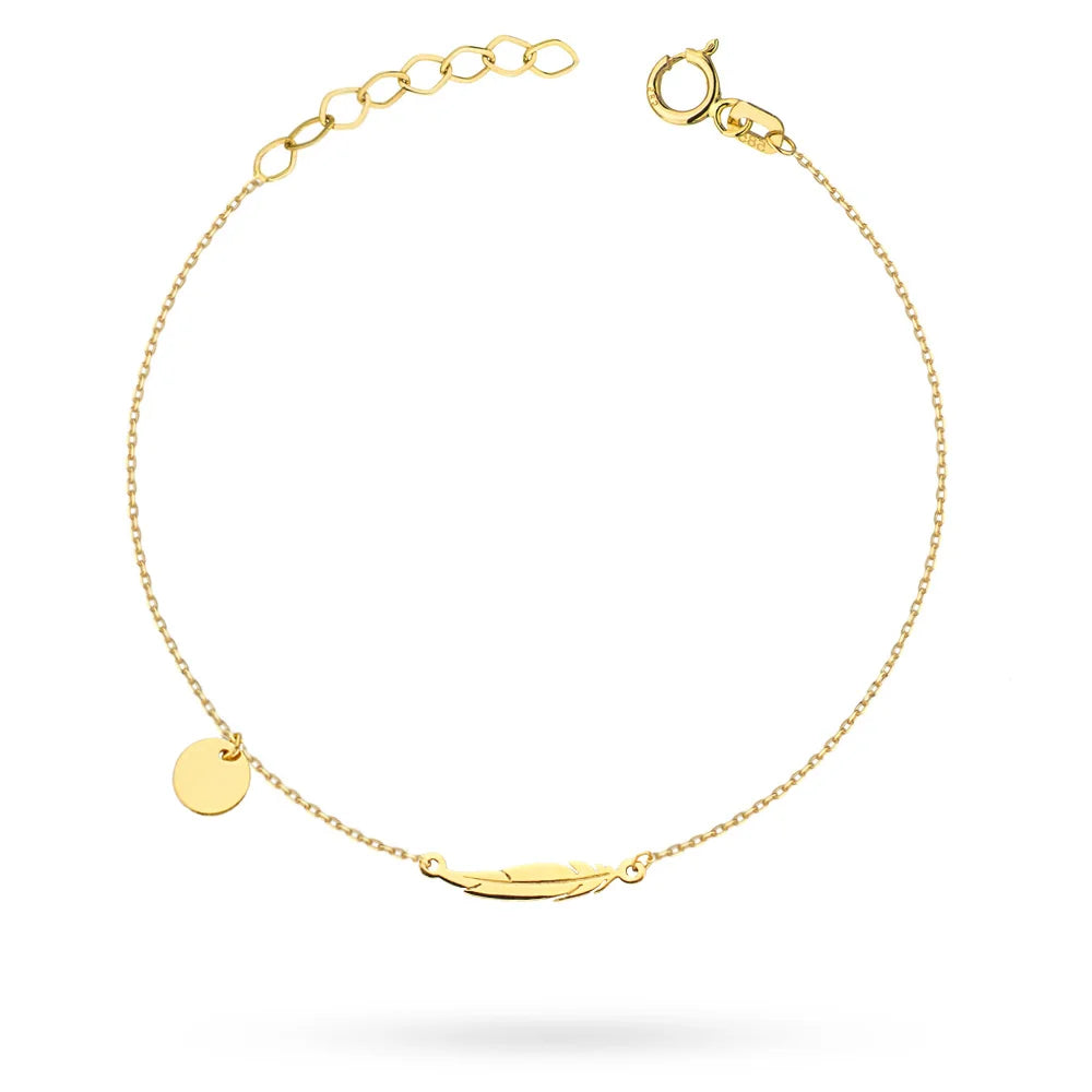 Bracelet Cercle Plume en Or 14 carats (585) | Longueur Ajustable | Bijou Fin Délicat Cadeau Élégant