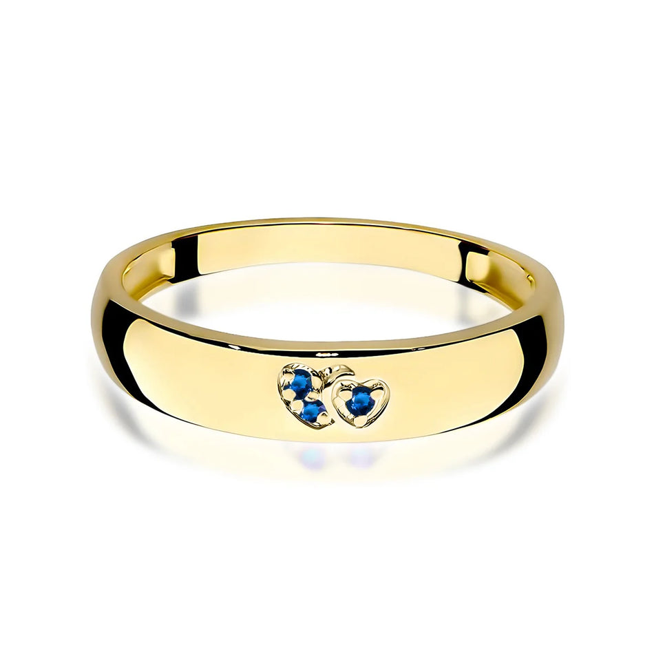 14k gold ring with 2 blue zirconia hearts. Classic design with modern twist. Packed in black box, paper, and gift bag.
