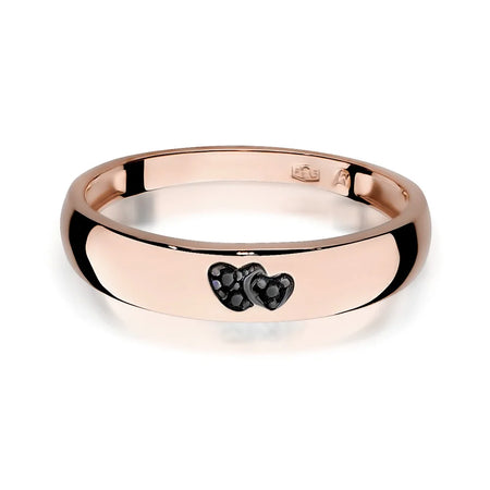 14k rose gold ring with 2 black zirconia hearts. Classic design with modern twist. Packed in black box, paper, and gift bag.