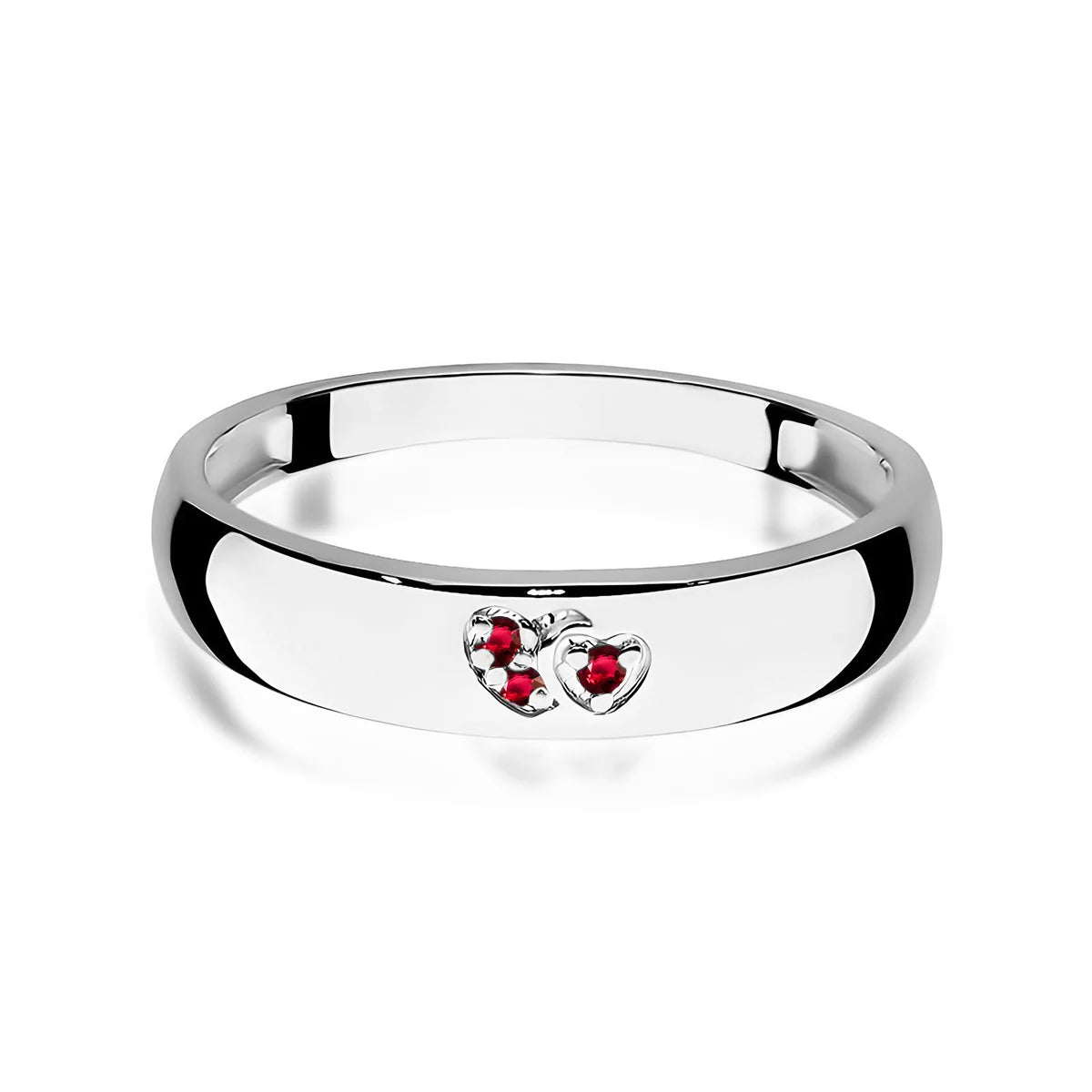 14-karätiger Goldring mit 2 roten Zirkonia-Herzen. Klassisches Design mit modernem Akzent. Verpackt in schwarzer Schachtel, Papier und Geschenktüte.