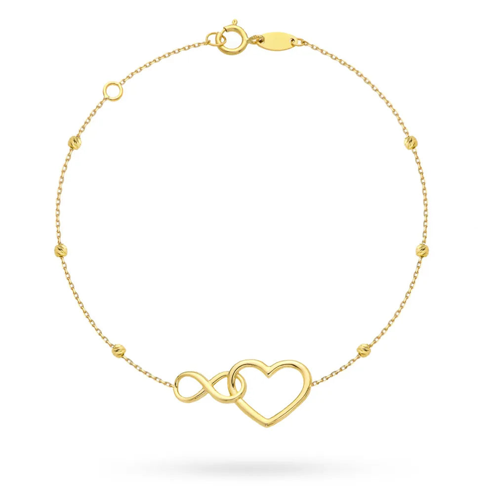 Yellow Gold Bracelet with Heart and Infinity Symbol, Diamond-Cut Beads