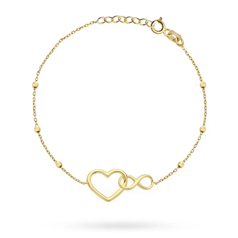 Yellow Gold Bracelet with Heart and Infinity Symbol, Diamond-Cut Beads