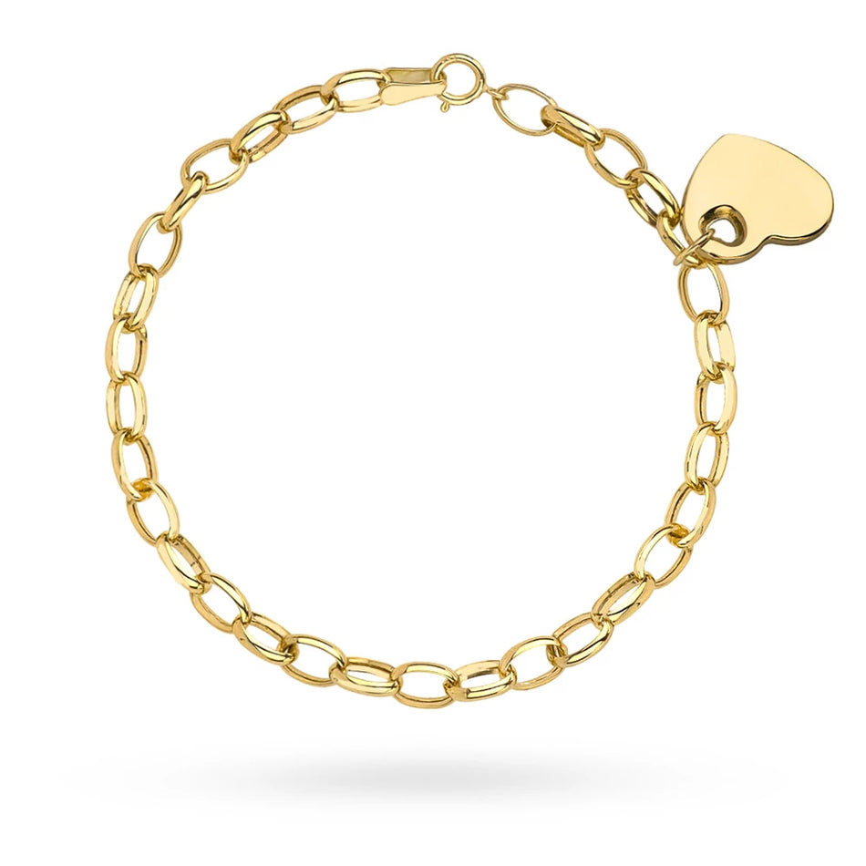 Těžký zlatý náramek se širokými články a rytým přívěskem ve tvaru srdce