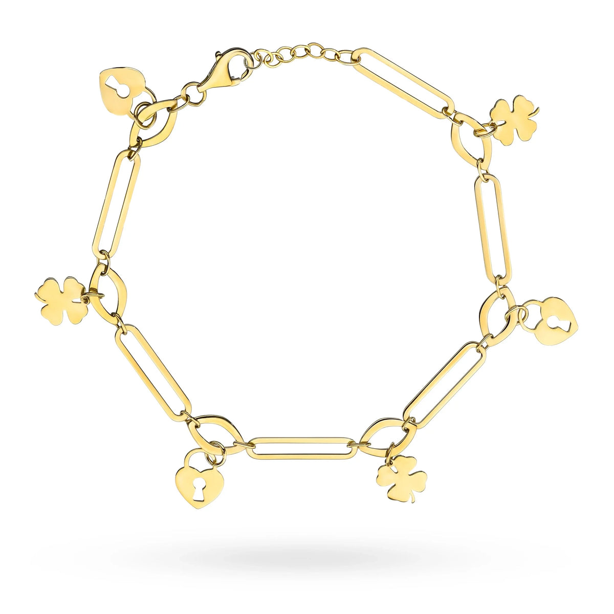 Yellow Gold Wide Link Bracelet with Padlock and Clover Charms