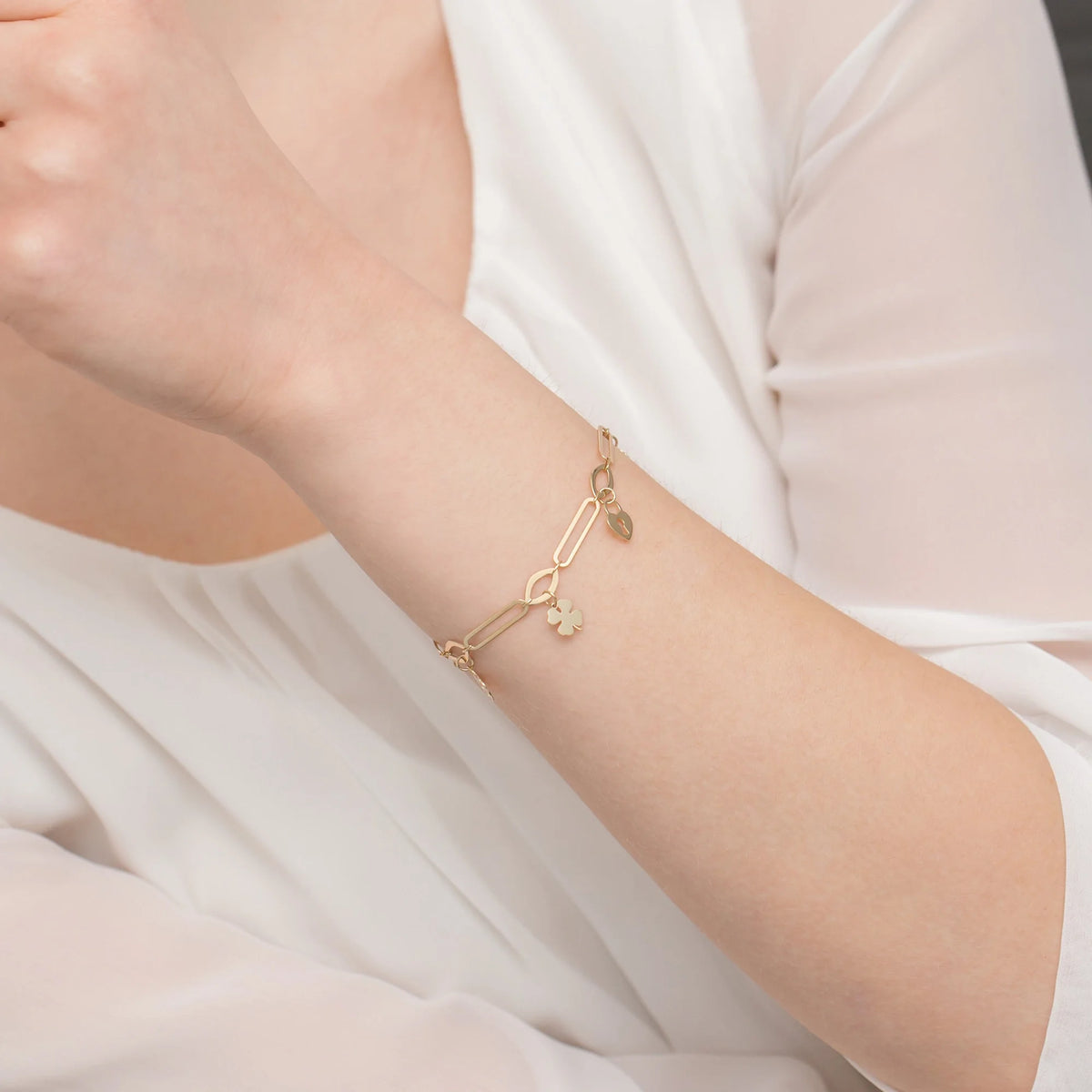 Yellow Gold Wide Link Bracelet with Padlock and Clover Charms