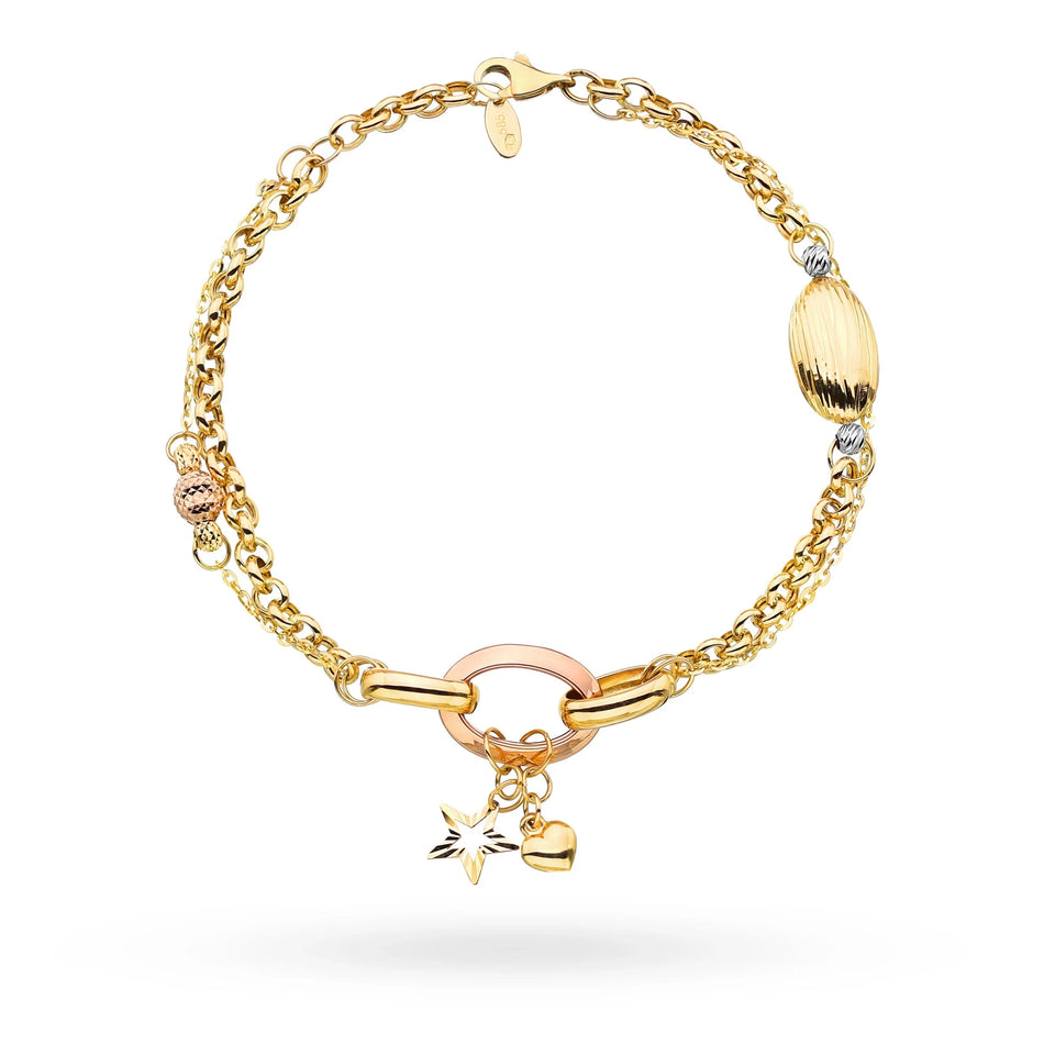 Zlatý tříbarevný náramek s dvojitým řetízkem a přívěsky