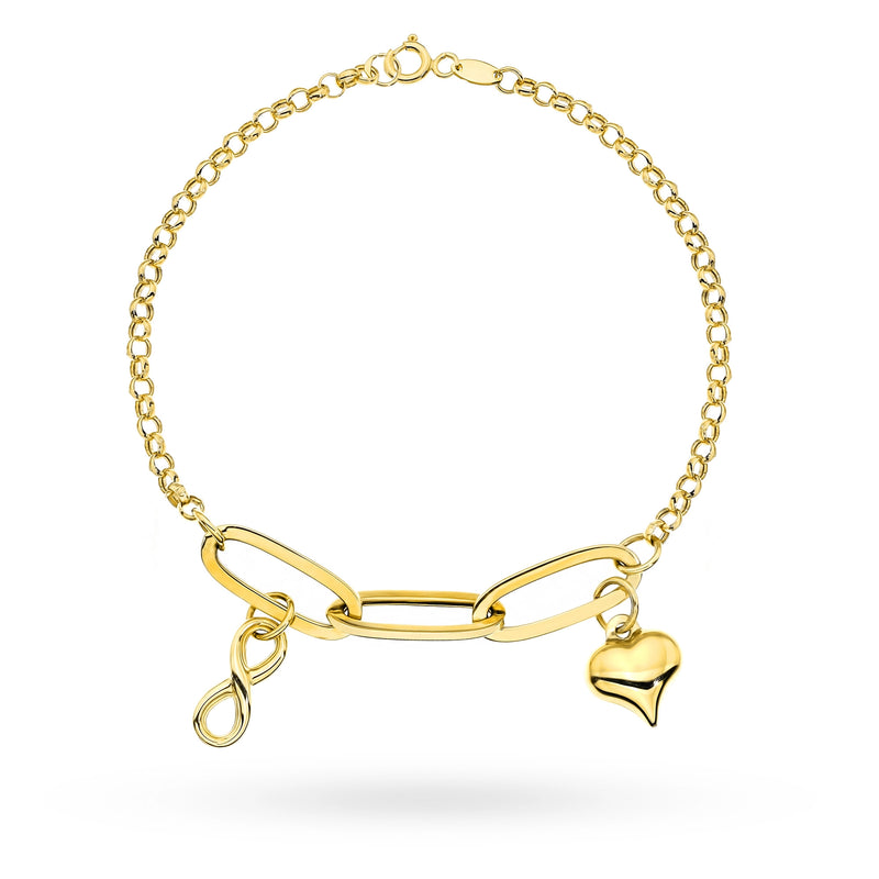 Yellow Gold Bracelet with Heart Charm and Infinity Symbol
